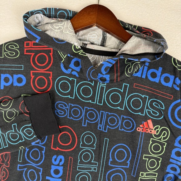 Adidas Hoodie Boys L Pullover Sweatshirt All Over Print Logo Lightweight - Picture 1 of 9